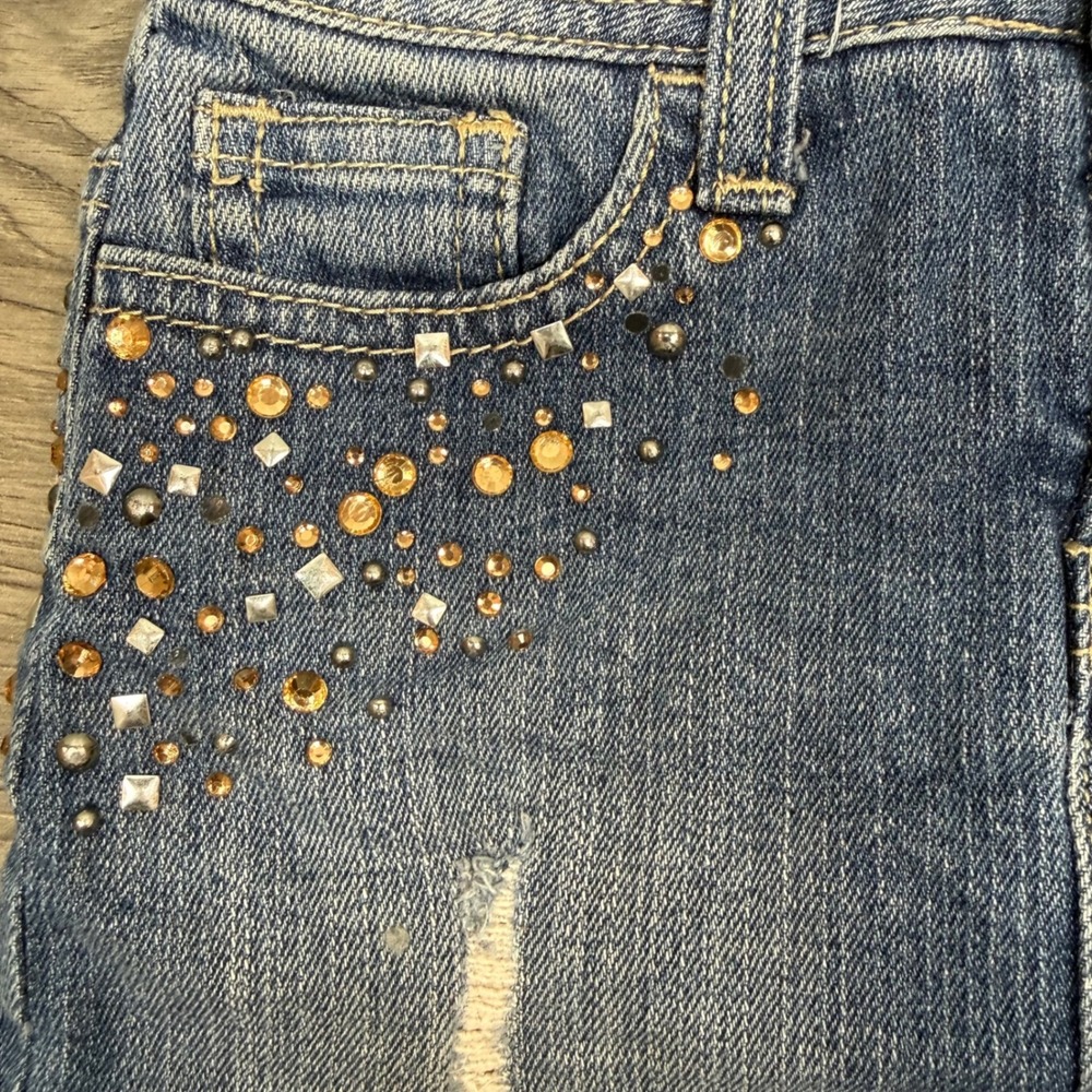 Y2K Justice Denim Mini Skirt Girls 7S Rhinestone Studded Bling Frayed Hem - Picture 2 of 14